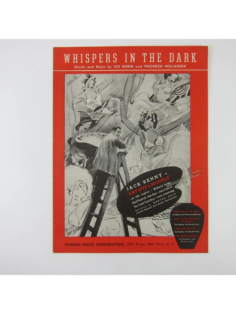 Sheet Music Whispers In The Dark Artists & Models Jack Benny Vintage 1937